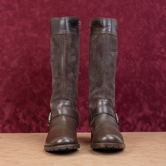 Timberland Women Earthkeepers Bethel Brown leather Buckle Moto  Knee Boots sz 7 - Picture 3 of 10